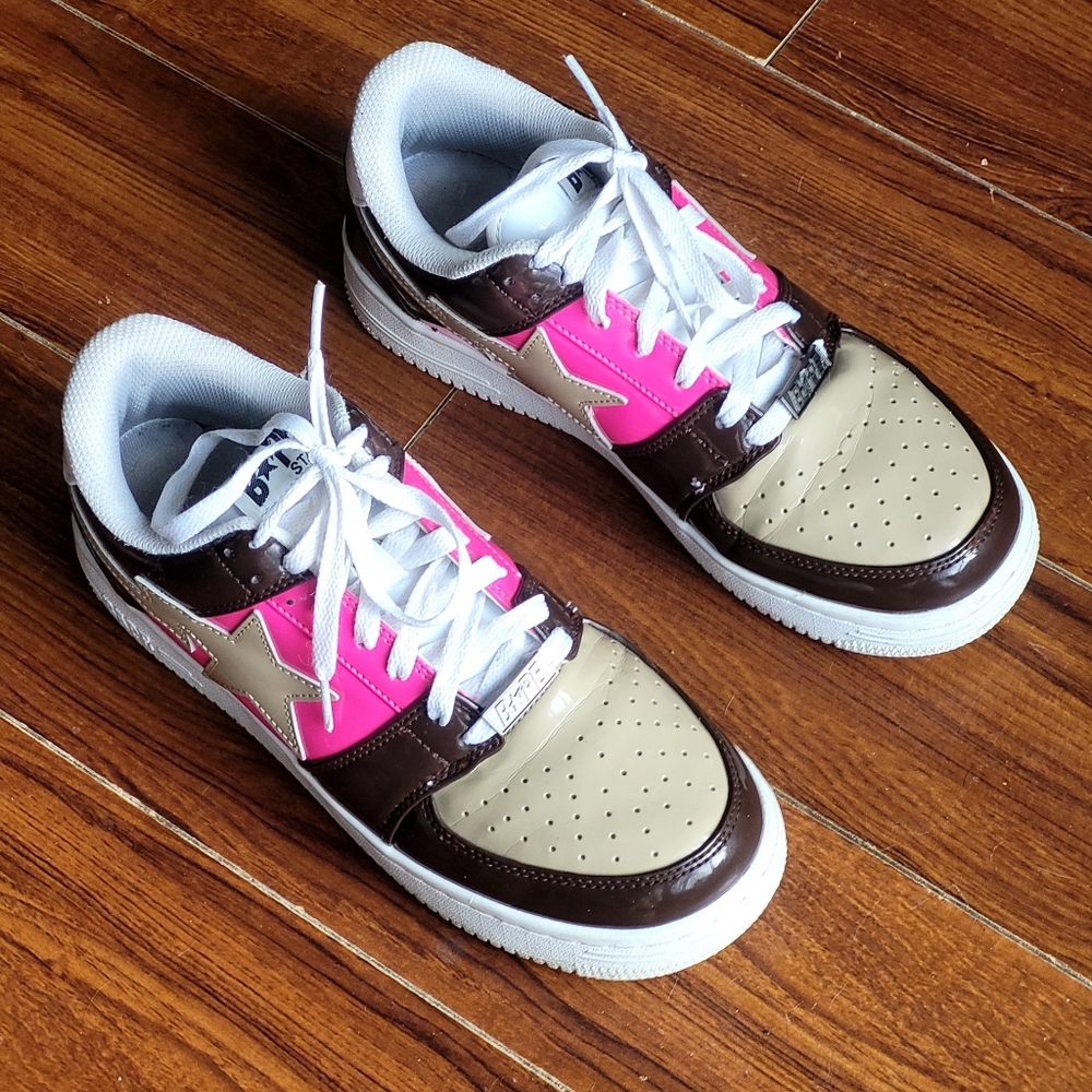 Authentic Bapesta Sneakers! Low Brown Pink Patent Leather